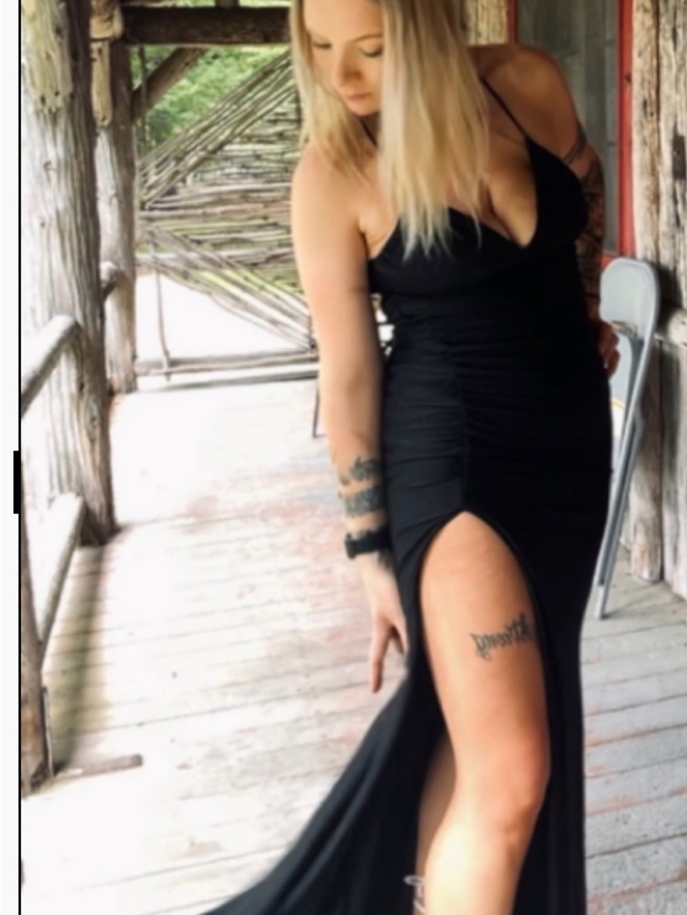 Black Ruched Spaghetti-Strap Prom Dress with High Slit